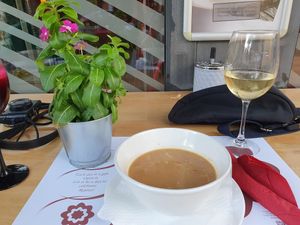 Starter: Bean soup, sooo delicious! Local and eco white wine, sooo good! at Vegehop in Zagreb