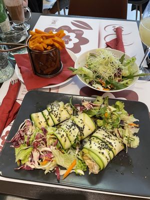 Zucchini Canneloni with a side salad and sweet potato fries. they also have a homemade tofunaise, the best I habe ever had.   at Vegehop in Zagreb