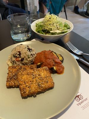 Fried tofu with black bean couscous and a sort of ratatouille type dish, with salad - from the daily menu.  at Vegehop in Zagreb