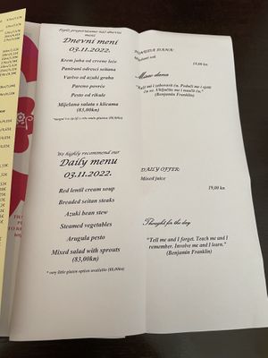Daily menu  at Vegehop in Zagreb