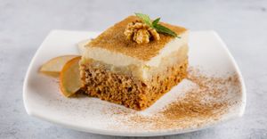 Apple cake

(flour 850, brown sugar, apples, nuts, wheat groats, soy milk, agave syrup)
 at Vegehop in Zagreb