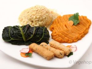 Kale rolls with millet, pumpkin puree and grissini at Vegehop in Zagreb