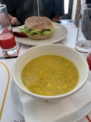 Corn soup (daily menu) and seitan burger   at Vegehop in Zagreb