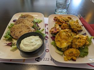 Seitan with garlic mayo, and vegetable tempura. Good combination at Vegehop in Zagreb