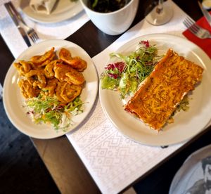 Vegetable Tempura - mushroom, red pepper, zuccini (left), Lasagne with vegan cheese (right) at Vegehop in Zagreb
