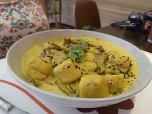 Cous cous gnocchi in cashew cream, mushroom & courgette sauce at Vegehop in Zagreb