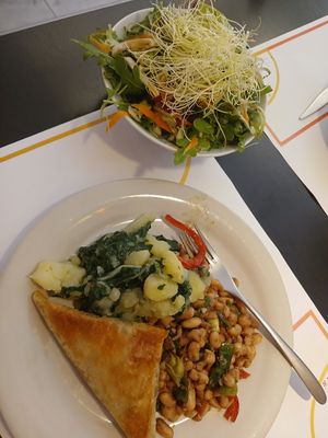 Dish of the day: leek & mushroom pastry, potatoes and chard, bean salad. Super side salad we shared! at Vegehop in Zagreb