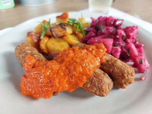 Daily offer with potatoes, Waldorf salad and buckwheat kebab.  at Vegehop in Zagreb