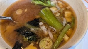 Miso soup with plenty of fresh veggies at Vegehop in Zagreb