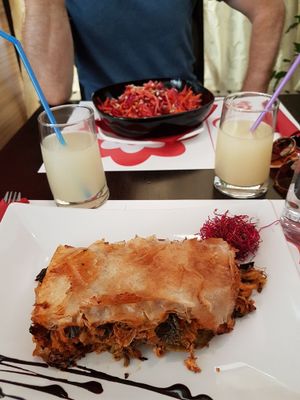 Moussaka, multivitamin salad and ginger lemon  drinks at Vegehop in Zagreb