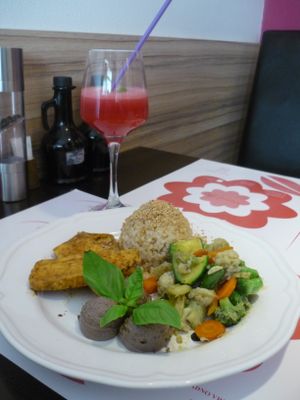 Gluten-free platter with salad
(brown rice with gomashio, tofu steaks marinated in tamari sauce, steamed vegetables, black olives and walnuts pate, mixed salad)
 at Vegehop in Zagreb