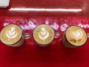 almond milk specialty coffee infused with maca root, matcha or acai.  at Saranglayap in Baler