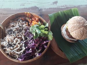 This plate of raw pad Thai is massive and the burger patty was an absolute beast!!!  at Cafe Bodhi in Hikkaduwa