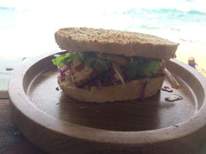 Their Bahn mi - tamari tofu sandwich with pickles and siracha mayo at Cafe Bodhi in Hikkaduwa