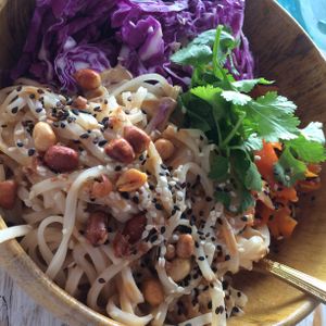 Raw pad Thai - Rice noodles, peanut sauce and carrots at Cafe Bodhi in Hikkaduwa