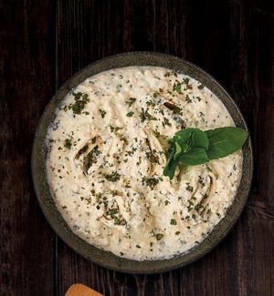 Homemade cottage cheese with suluguni cheese and fresh mint. at Gruzie in Prague