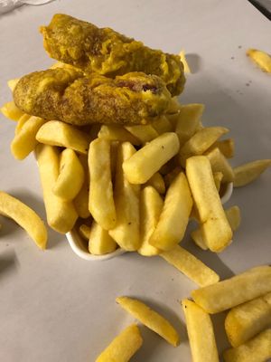 Battered ‘sausage’ & chips  at The Grizzly Vegan  in Southend-on-sea