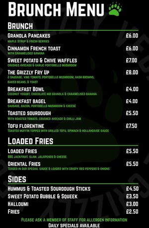 Menu at The Grizzly Vegan  in Southend-on-sea