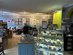 Inside of the cafe with cake display - some vegan  at Simply Scottish in Jedburgh