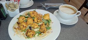 Cauliflower pakora flatbread & oatmilk latte at Simply Scottish in Jedburgh