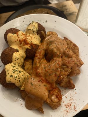 Fried pots w falafel and peanut tempeh   at PELGAG in Kyoto