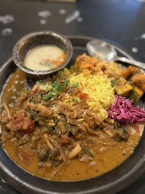 Vegan curry, turmeric rice and, coconut milk soup  at PELGAG in Kyoto