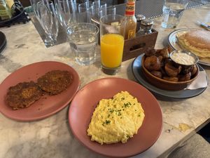 potatoes and pancakes were my wife's (not vegan)  at Wooden Spoon in San Francisco