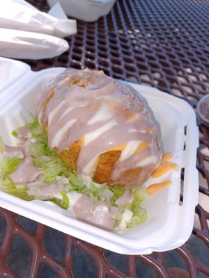 Papas rellenas- my new favorite! at Pappy's Juice Bar in Hawthorne