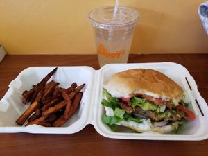 Guac and roll , sweet potatoe fries and fresh squeezed lemonade!! Delicious!! at Pappy's Juice Bar in Hawthorne