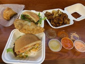 Empanadas, Bridge Burger, Cauliflower wings at Pappy's Juice Bar in Hawthorne