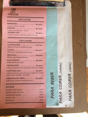 Menu drinks  at Cafe del Forestal in Santiago