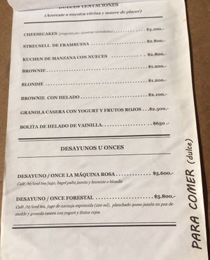 Menu of cakes  at Cafe del Forestal in Santiago