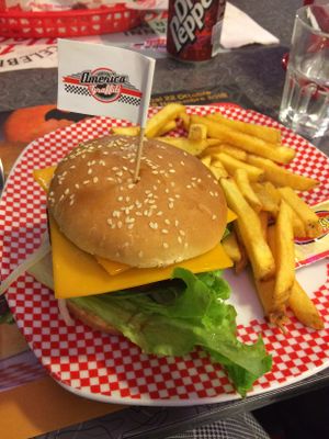 Vegan cheeseburger with fries and vegan mayo at America Graffiti in Due Carrare