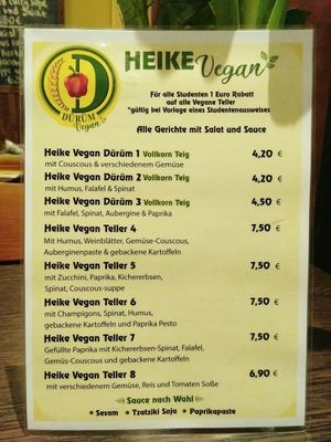 The vegan menu at Dürüm Kebab Haus in Dresden