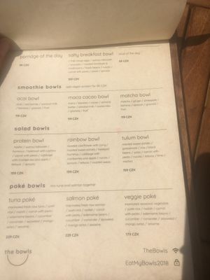 The English menus  at The Bowls in Prague