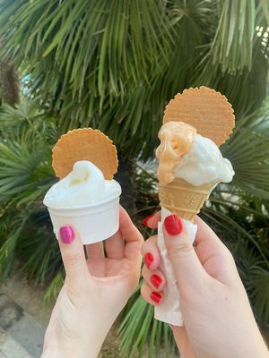 Cup of lemon sorbet and a mango and lemon sorbet cone   at Gelateria Pescara La Fonte in Pescara