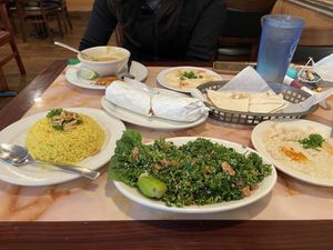 Starter Combo, Crushed Lentil Soup, Falafel Sandwich with rice at Beirut Rock Cafe in Arlington
