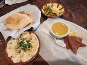 Hummus, fresh pita, lentil soup at Beirut Rock Cafe in Arlington