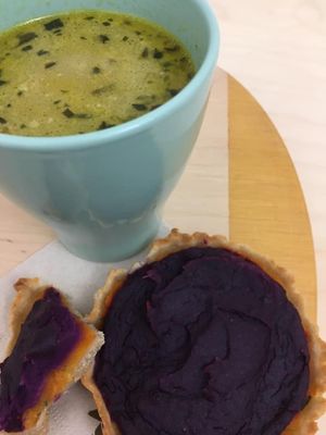 Quiche in 2 colours 
Pumpkin and lilac sweet potato quiche at Vegan Art Kitchen in Budapest