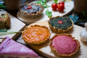 Pumpkin, spinach and beetroot quiches at Vegan Art Kitchen in Budapest