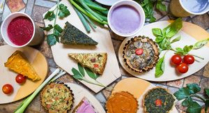 Colourful glutenfree vegan soups and quiches at Vegan Art Kitchen in Budapest