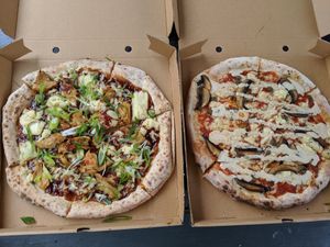 two pizzas from Death by Pizza at Young Vegans Pizza Shop in London