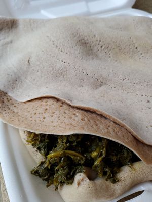 Veggie combo wrapped in injera at Zoma Ethiopian in Cleveland