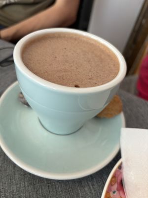 Vegan gluten free hot chocolate (soya milk) and the biscuit is VGF too!   at Teacup Tearoom in Mevagissey