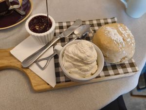 My vegan cream tea! There were about 6 jam flavour options, too! at Teacup Tearoom in Mevagissey