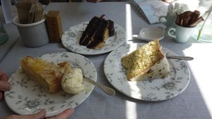 salted caramel cake, apple tart with clotted cream, orange and pistachio sponge at Teacup Tearoom in Mevagissey