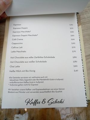 coffee menue
soy and almond milk available, costs 0,60€ extra at Isabella Glutenfreie Patisserie in Hamburg