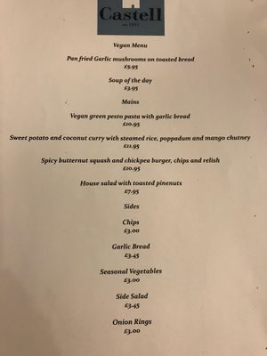Vegan menu  at Y Castell in Caernarfon