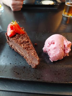 Chocolate torte with raspberry sorbet at Y Sgwar in Porthmadog