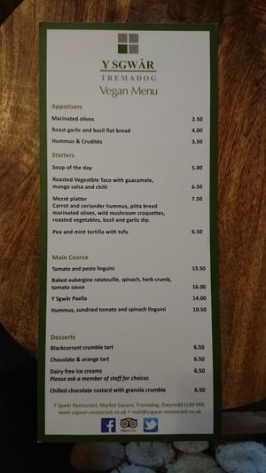 Y Sgwâr vegan menu, unfortunately not on their website. at Y Sgwar in Porthmadog